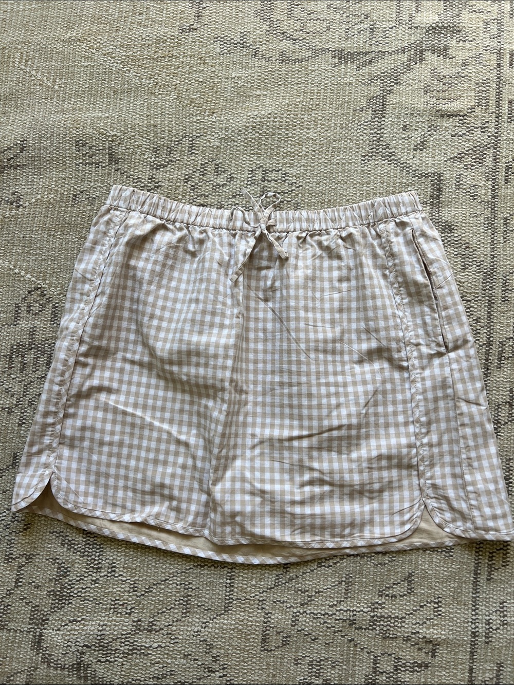Women's Beige Gingham Drawstring Mini Skirt